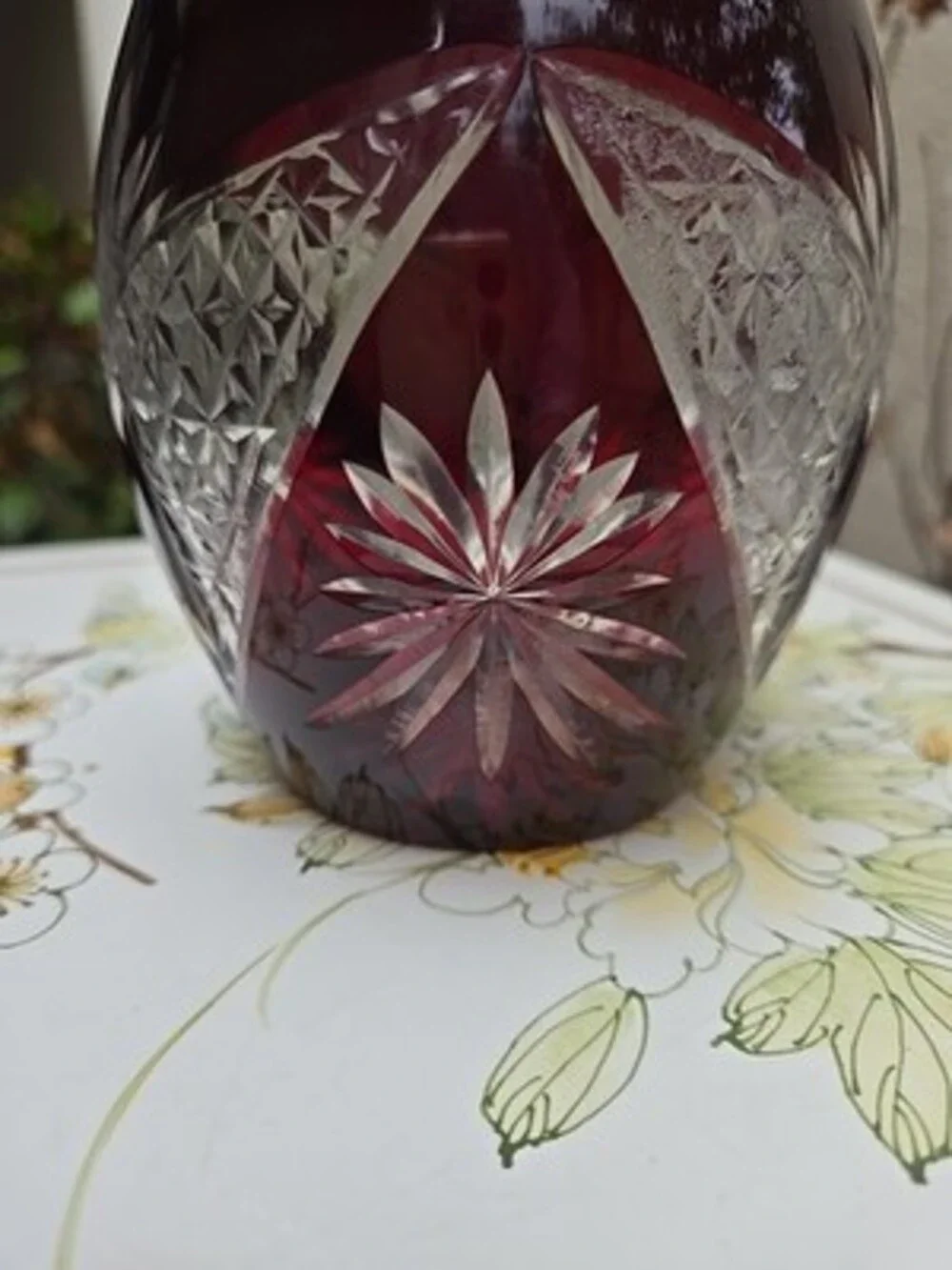 Decanter Red Ruby Bohemian Cut to Clear Glass With Stopper RARE Vintage